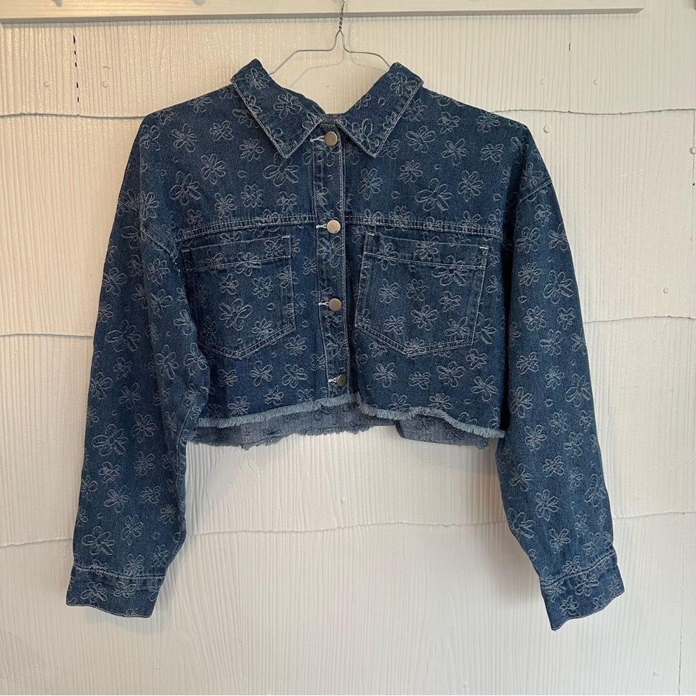 Lelis Medium Floral Embroidered Denim Cropped Jacket Boho Flower Hippie Cotton M